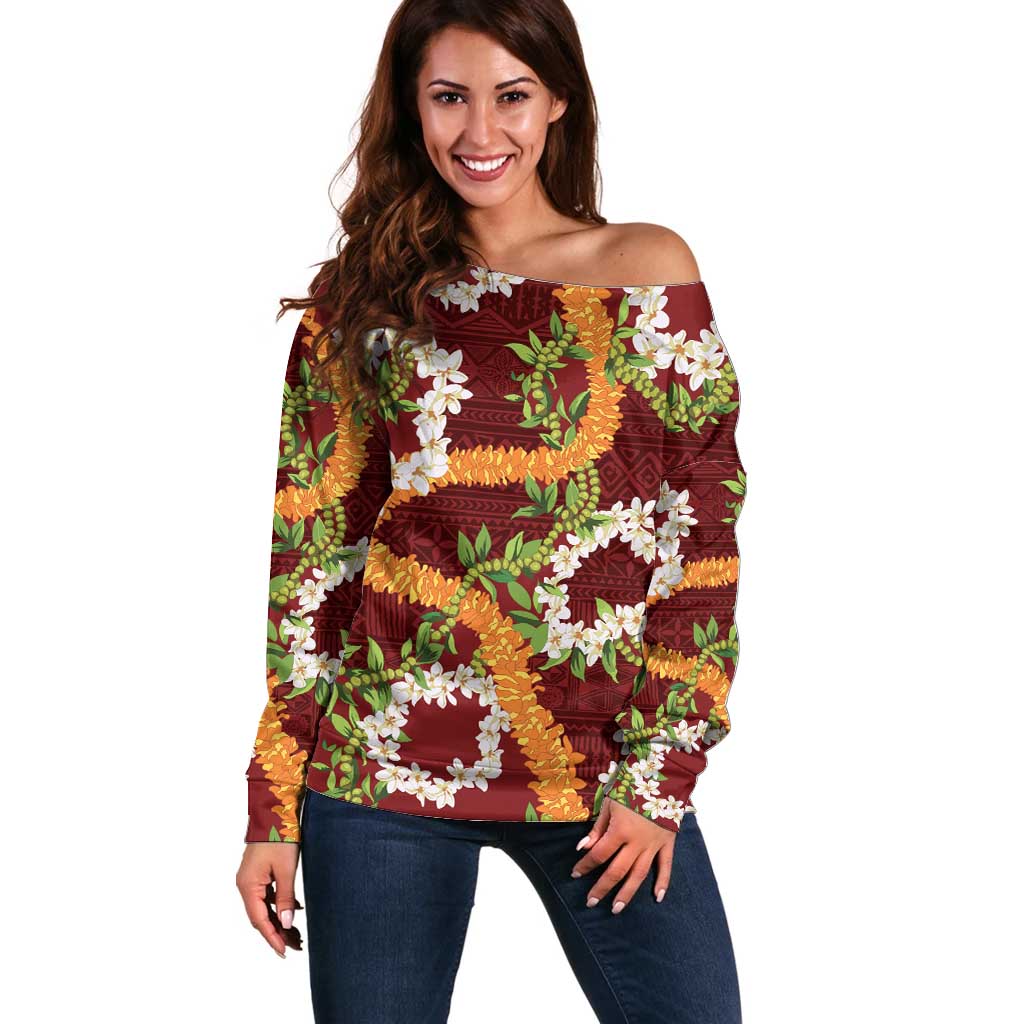 Aloha Festive Hawaii Off Shoulder Sweater Mokihana - Maile and Ilima on Crimson - Polynesian Pride