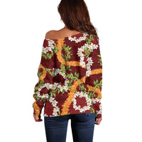 Aloha Festive Hawaii Off Shoulder Sweater Mokihana - Maile and Ilima on Crimson - Polynesian Pride