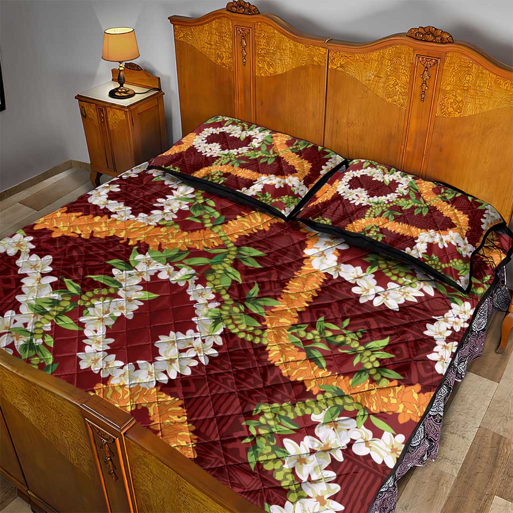 Aloha Festive Hawaii Quilt Bed Set Mokihana - Maile and Ilima on Crimson - Polynesian Pride