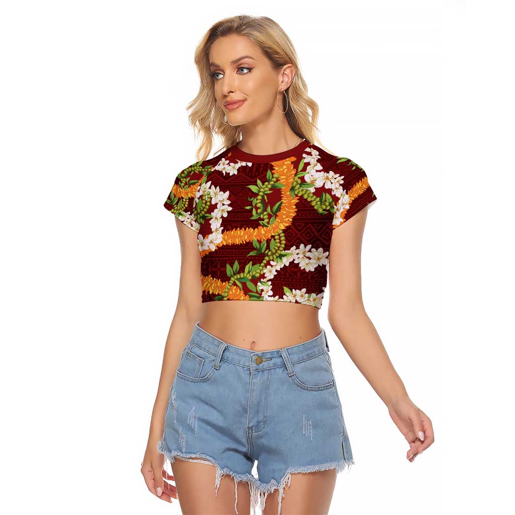 Aloha Festive Hawaii Raglan Cropped T Shirt Mokihana - Maile and Ilima on Crimson LT7 Female Crimson - Polynesian Pride