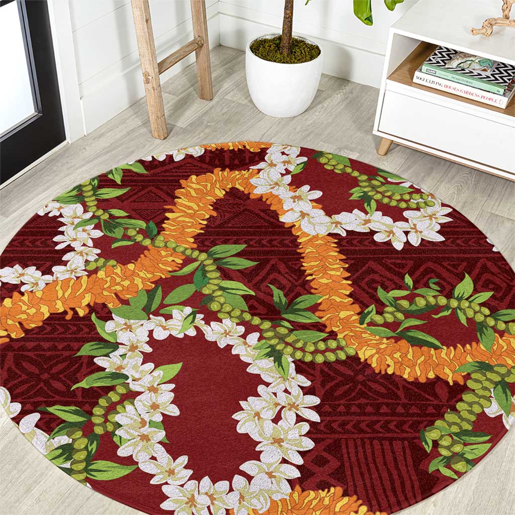 Aloha Festive Hawaii Round Carpet Mokihana - Maile and Ilima on Crimson LT7 Crimson - Polynesian Pride
