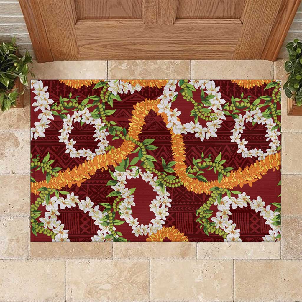 Aloha Festive Hawaii Rubber Doormat Mokihana - Maile and Ilima on Crimson LT7 Crimson - Polynesian Pride