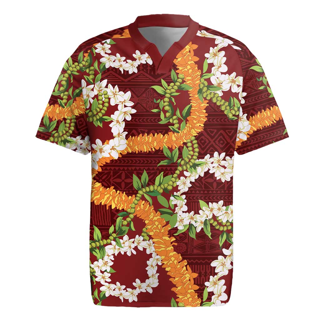 Aloha Festive Hawaii Rugby Jersey Mokihana - Maile and Ilima on Crimson - Polynesian Pride
