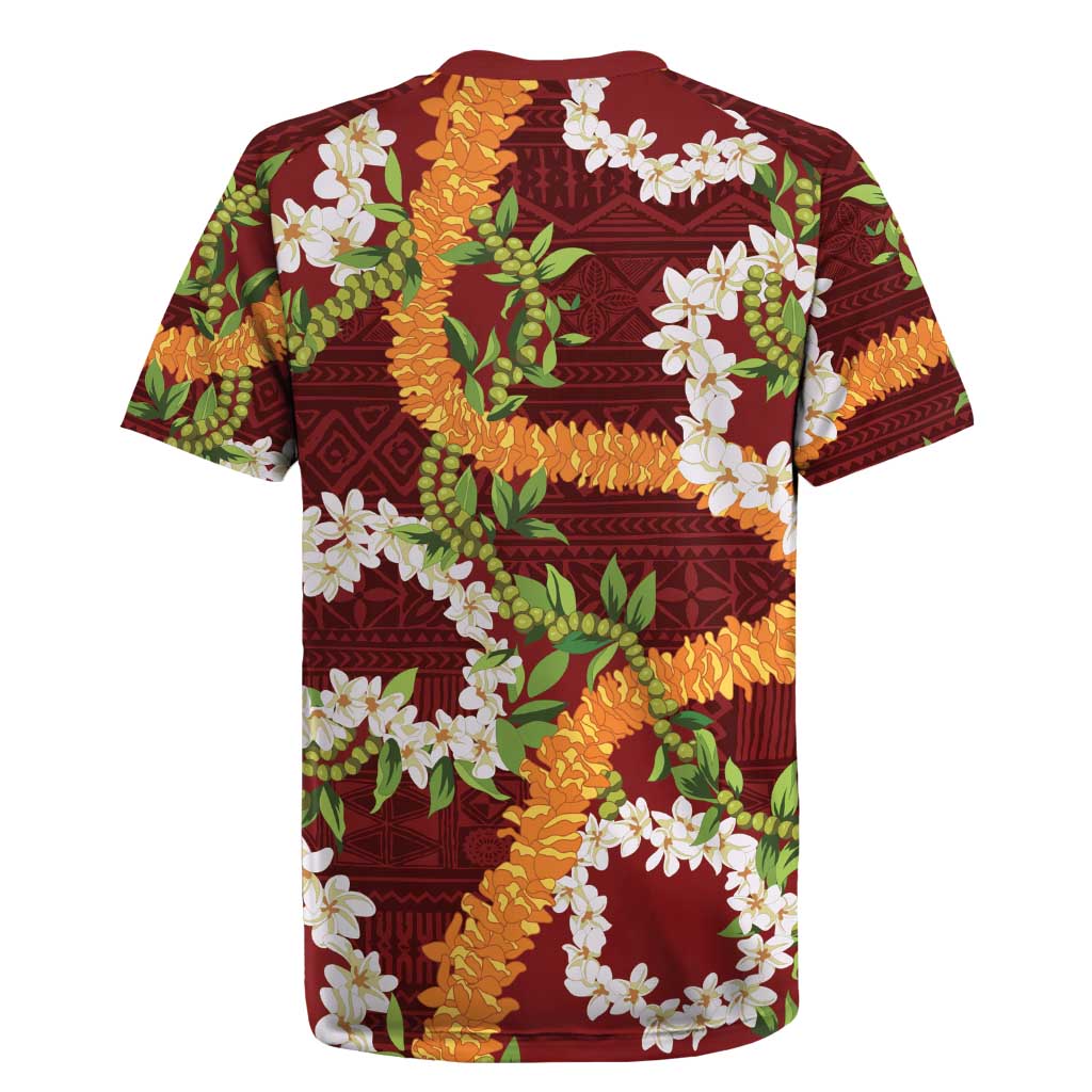 Aloha Festive Hawaii Rugby Jersey Mokihana - Maile and Ilima on Crimson - Polynesian Pride