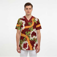 Aloha Festive Hawaii Scrub Top Mokihana - Maile and Ilima on Crimson - Polynesian Pride