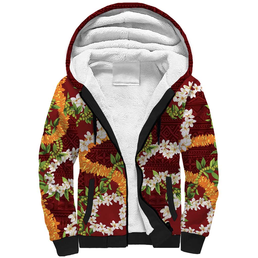 Aloha Festive Hawaii Sherpa Hoodie Mokihana - Maile and Ilima on Crimson LT7 Unisex Crimson - Polynesian Pride
