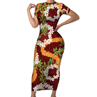 Aloha Festive Hawaii Short Sleeve Bodycon Dress Mokihana - Maile and Ilima on Crimson - Polynesian Pride