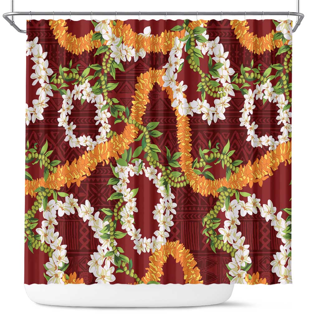 Aloha Festive Hawaii Shower Curtain Mokihana - Maile and Ilima on Crimson LT7 Crimson - Polynesian Pride