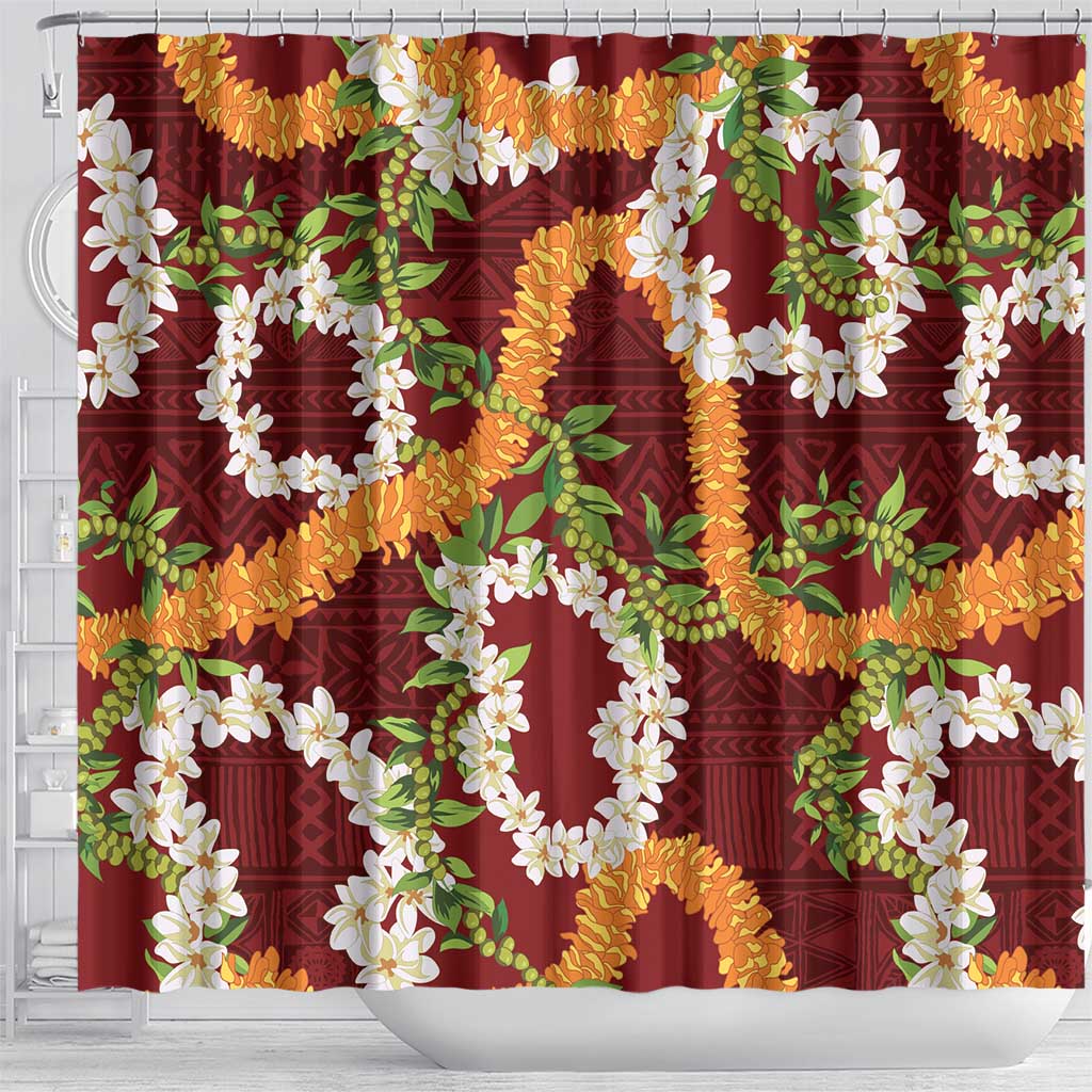 Aloha Festive Hawaii Shower Curtain Mokihana - Maile and Ilima on Crimson - Polynesian Pride