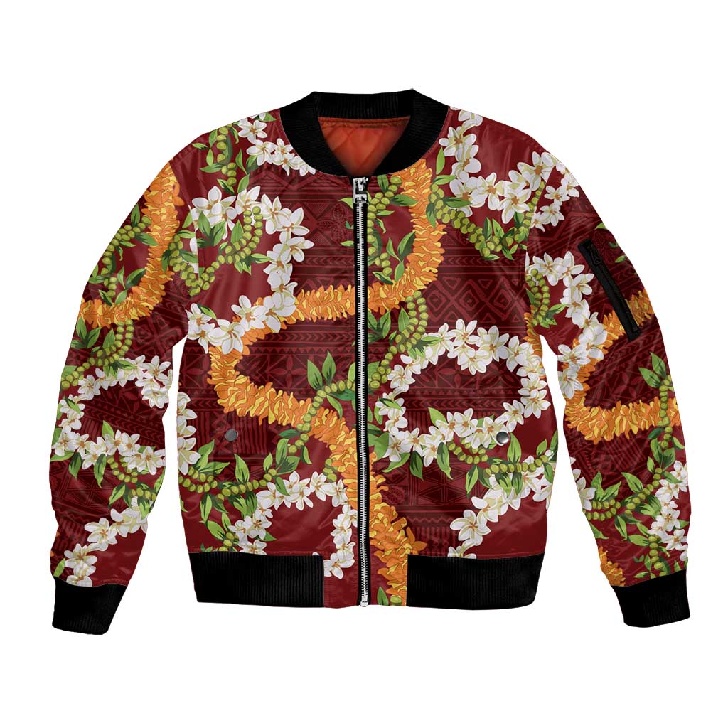 Aloha Festive Hawaii Sleeve Zip Bomber Jacket Mokihana - Maile and Ilima on Crimson LT7 Unisex Crimson - Polynesian Pride