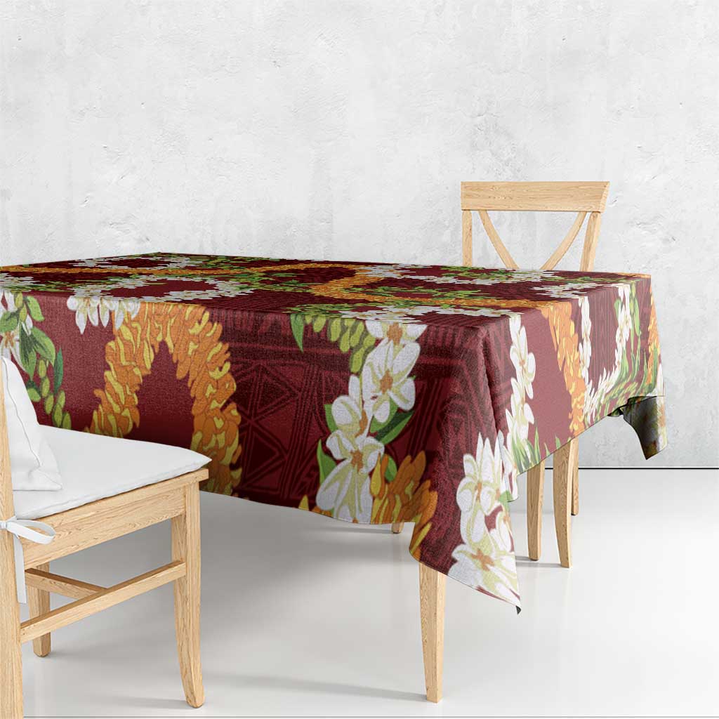 Aloha Festive Hawaii Tablecloth Mokihana - Maile and Ilima on Crimson - Polynesian Pride