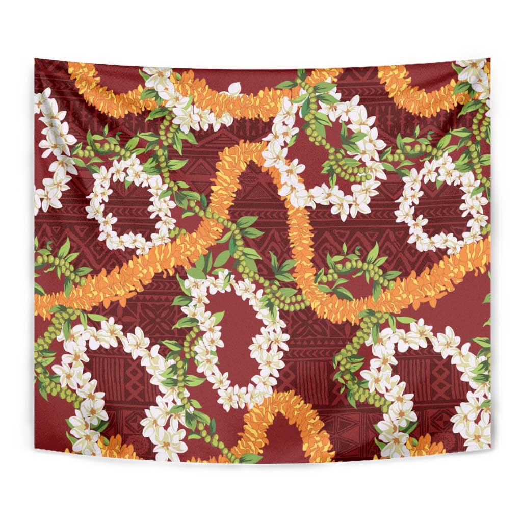 Aloha Festive Hawaii Tapestry Mokihana - Maile and Ilima on Crimson - Polynesian Pride
