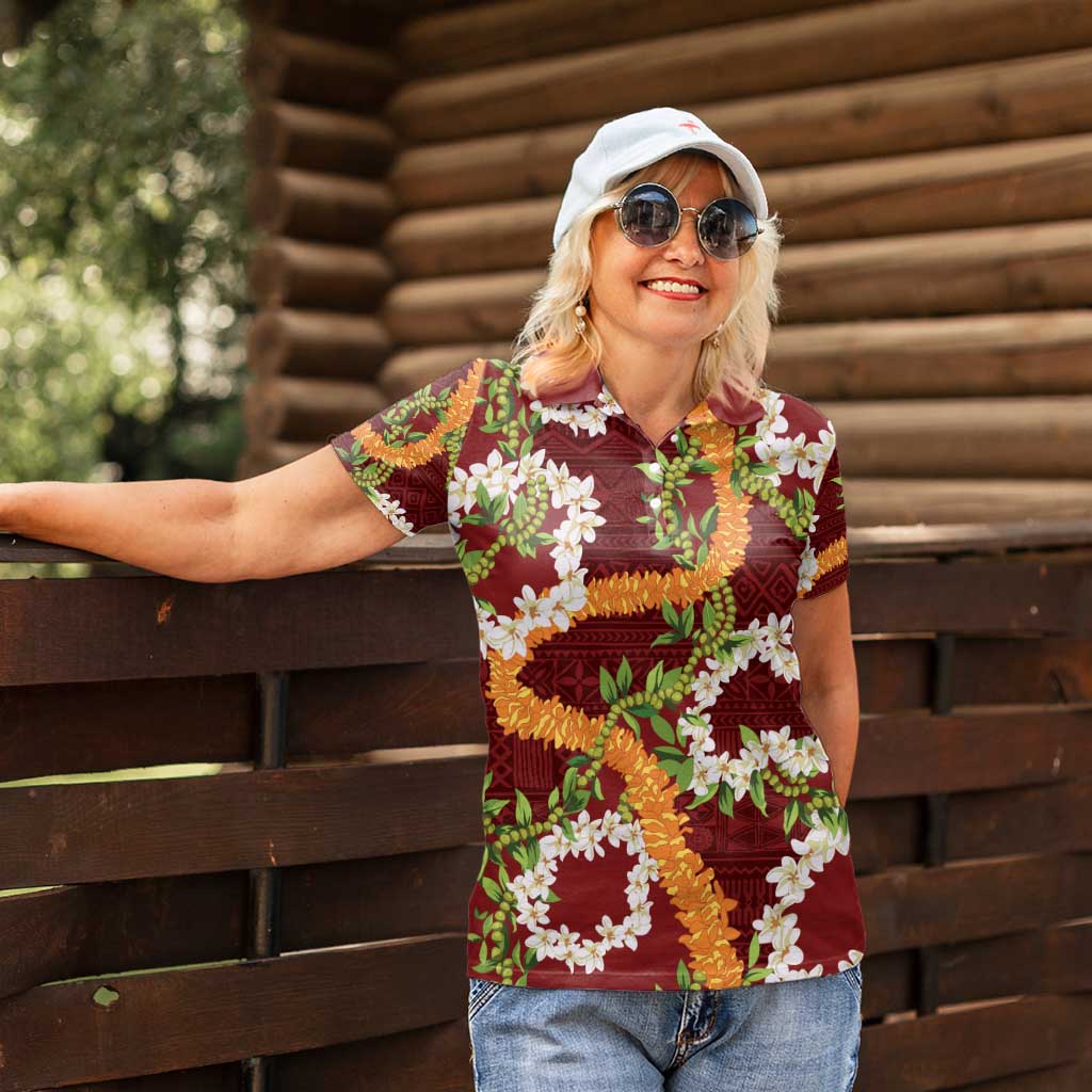 Aloha Festive Hawaii Women Polo Shirt Mokihana - Maile and Ilima on Crimson - Polynesian Pride