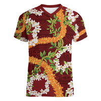 Aloha Festive Hawaii Women V-Neck T-Shirt Mokihana - Maile and Ilima on Crimson - Polynesian Pride