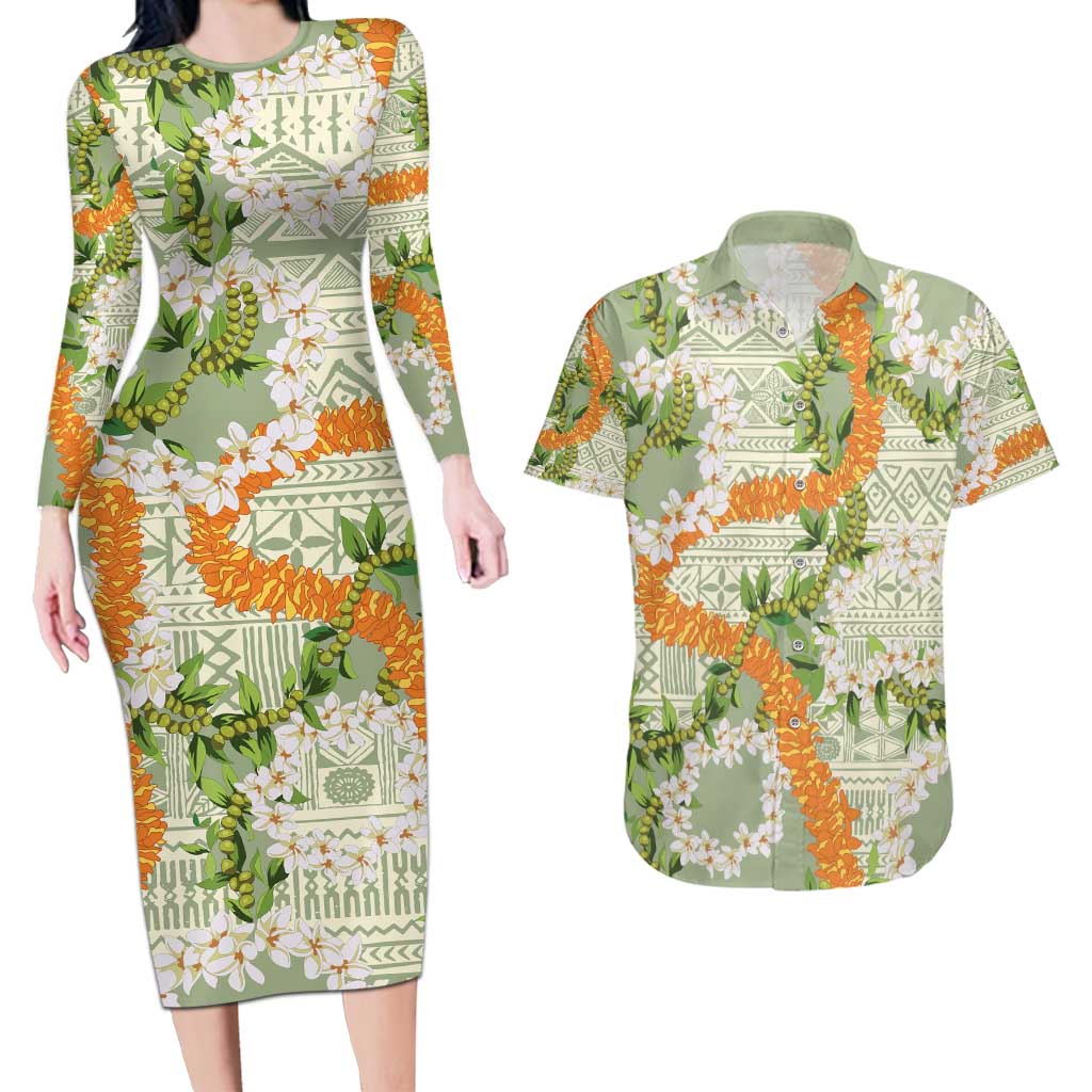 Aloha Festive Hawaii Couples Matching Long Sleeve Bodycon Dress and Hawaiian Shirt Mokihana - Maile Leis in Muted Summer - Polynesian Pride