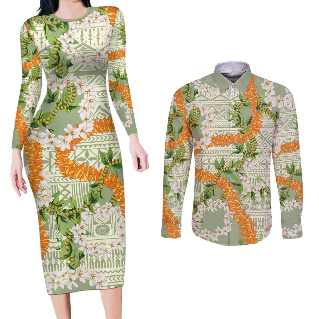 Aloha Festive Hawaii Couples Matching Long Sleeve Bodycon Dress and Long Sleeve Button Shirt Mokihana - Maile Leis in Muted Summer - Polynesian Pride