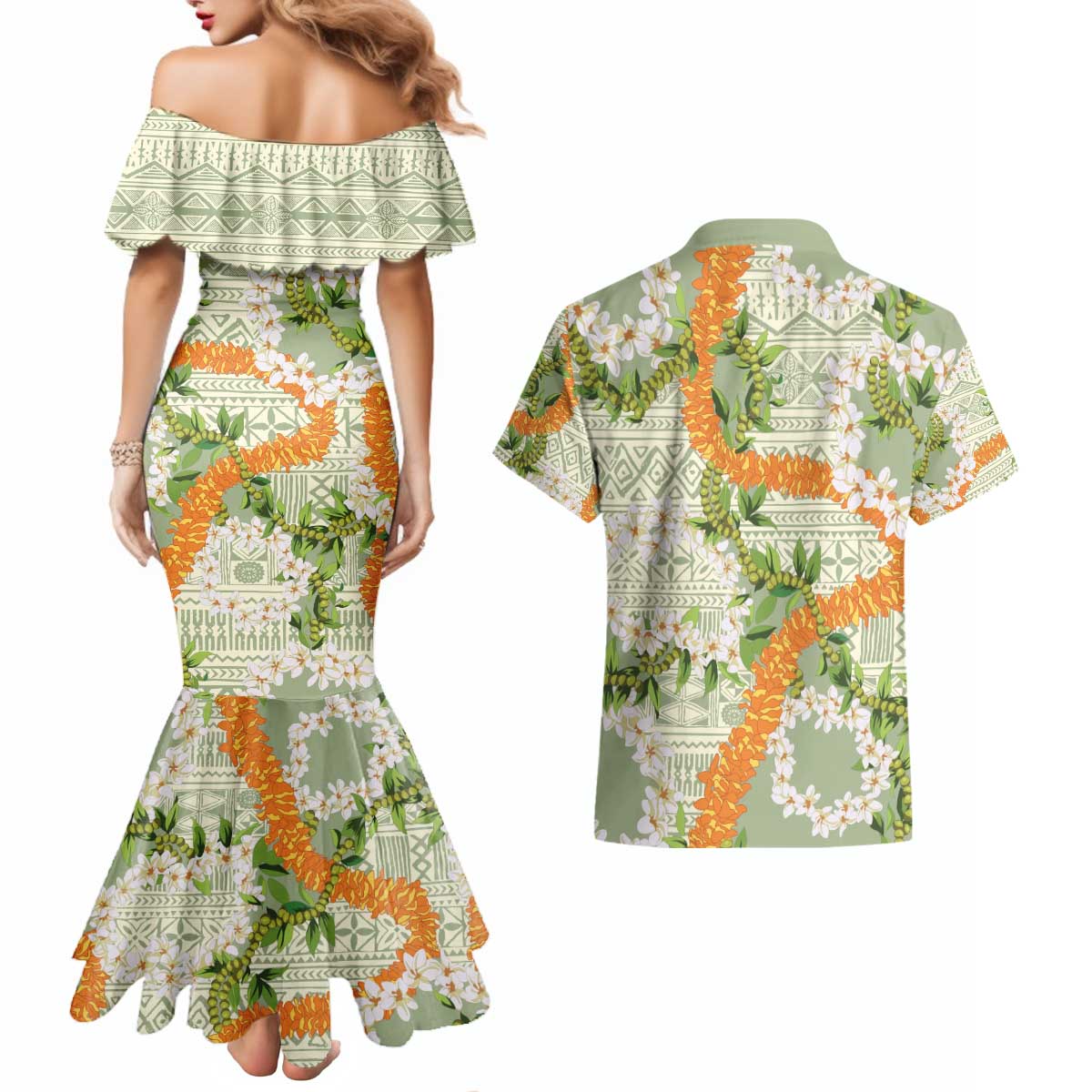 Aloha Festive Hawaii Couples Matching Mermaid Dress and Hawaiian Shirt Mokihana - Maile Leis in Muted Summer LT7 - Polynesian Pride