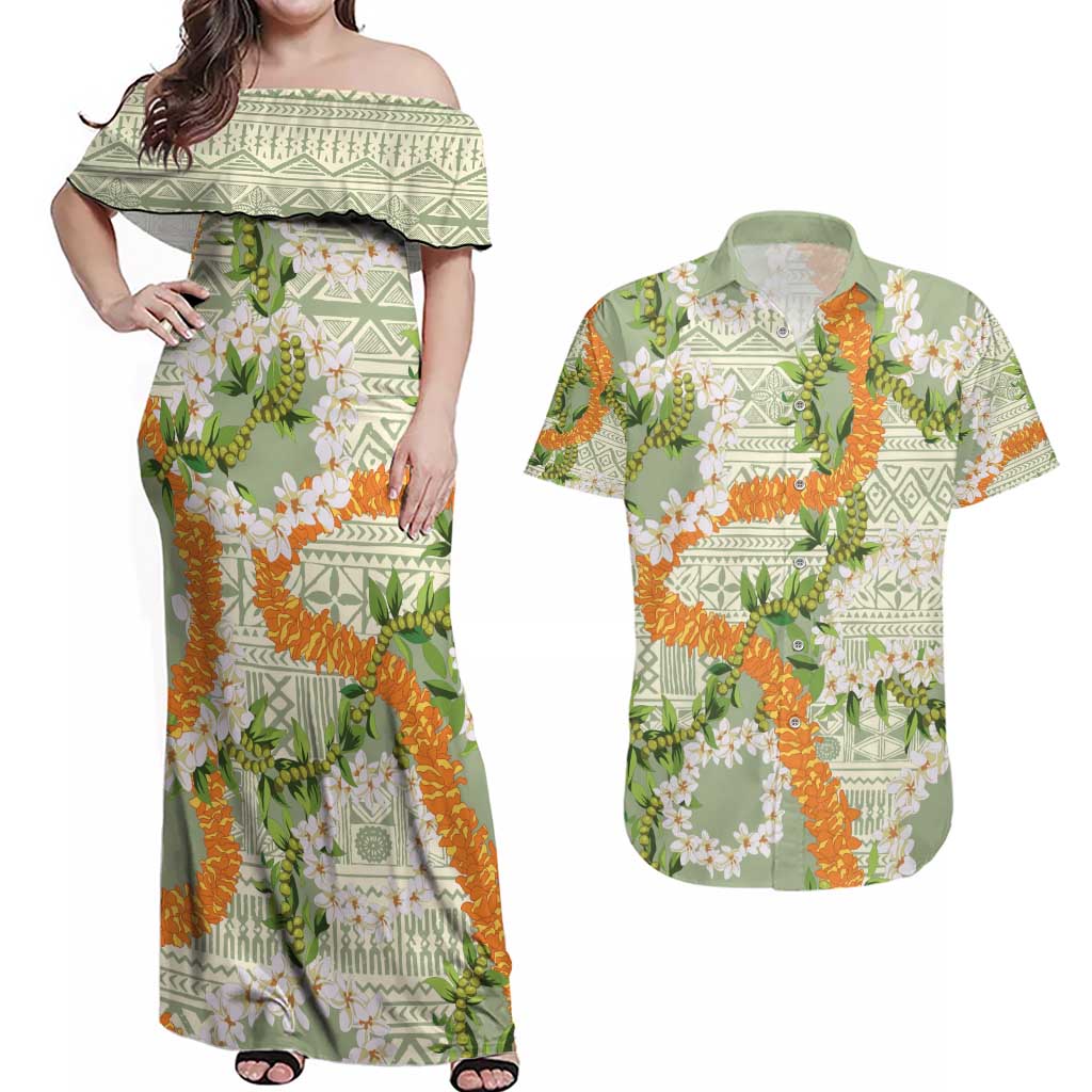 Aloha Festive Hawaii Couples Matching Off Shoulder Maxi Dress and Hawaiian Shirt Mokihana - Maile Leis in Muted Summer LT7 Sage Green - Polynesian Pride