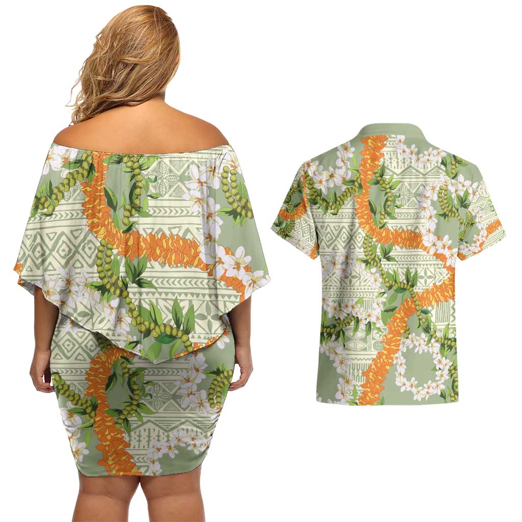 Aloha Festive Hawaii Couples Matching Off Shoulder Short Dress and Hawaiian Shirt Mokihana - Maile Leis in Muted Summer LT7 - Polynesian Pride