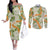 Aloha Festive Hawaii Couples Matching Off The Shoulder Long Sleeve Dress and Long Sleeve Button Shirt Mokihana - Maile Leis in Muted Summer - Polynesian Pride