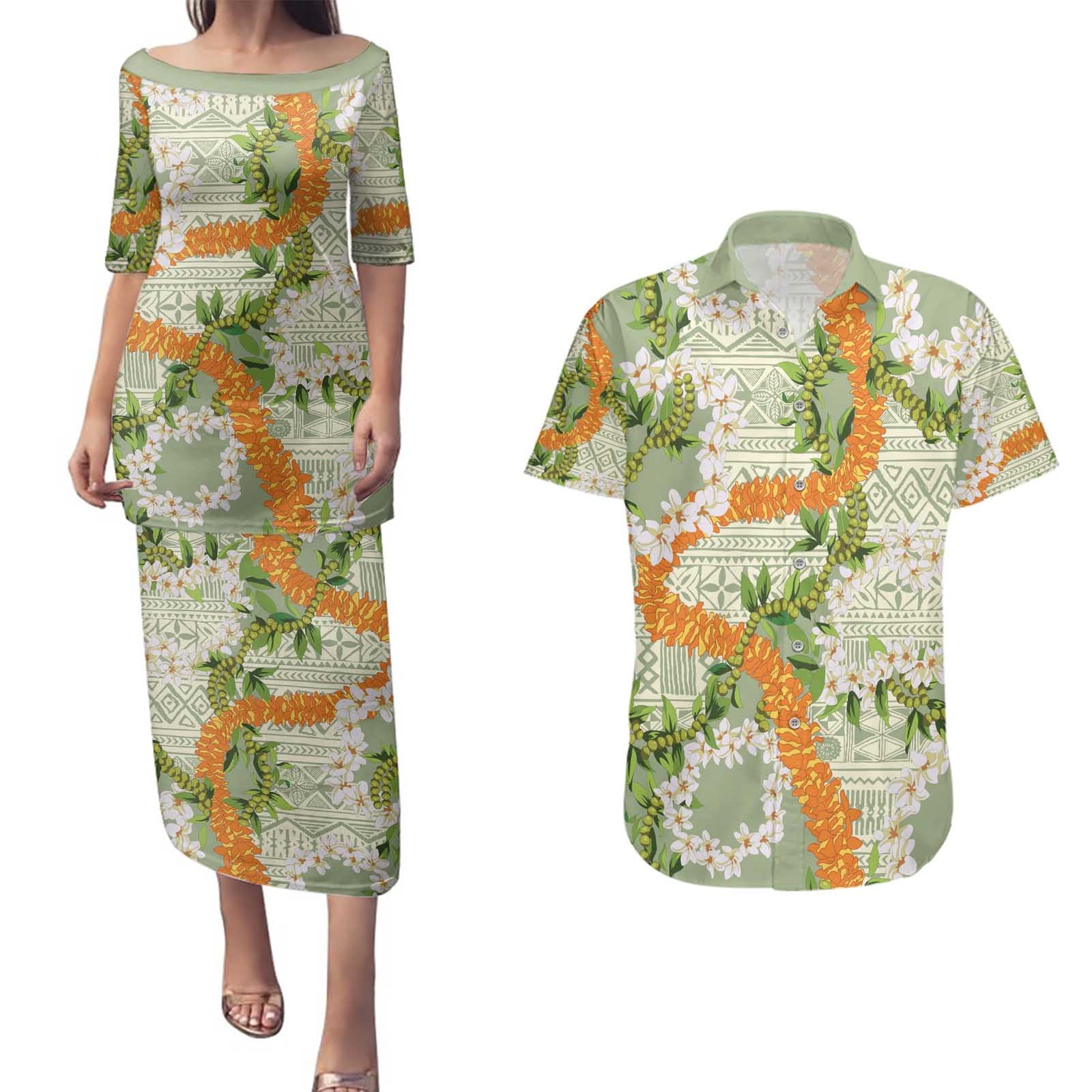 Aloha Festive Hawaii Couples Matching Puletasi and Hawaiian Shirt Mokihana - Maile Leis in Muted Summer - Polynesian Pride