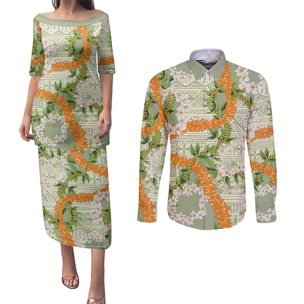 Aloha Festive Hawaii Couples Matching Puletasi and Long Sleeve Button Shirt Mokihana - Maile Leis in Muted Summer LT7 Sage Green - Polynesian Pride