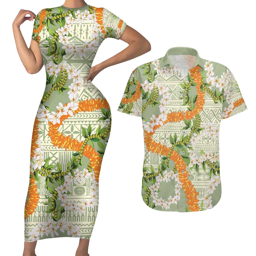 Aloha Festive Hawaii Couples Matching Short Sleeve Bodycon Dress and Hawaiian Shirt Mokihana - Maile Leis in Muted Summer - Polynesian Pride