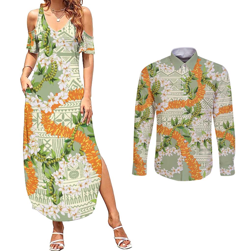 Aloha Festive Hawaii Couples Matching Summer Maxi Dress and Long Sleeve Button Shirt Mokihana - Maile Leis in Muted Summer - Polynesian Pride