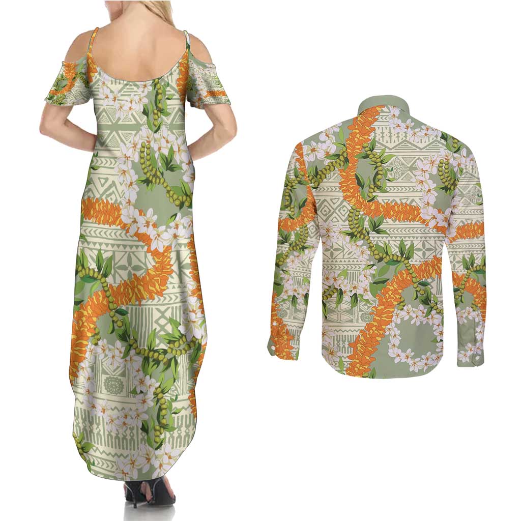 Aloha Festive Hawaii Couples Matching Summer Maxi Dress and Long Sleeve Button Shirt Mokihana - Maile Leis in Muted Summer LT7 - Polynesian Pride