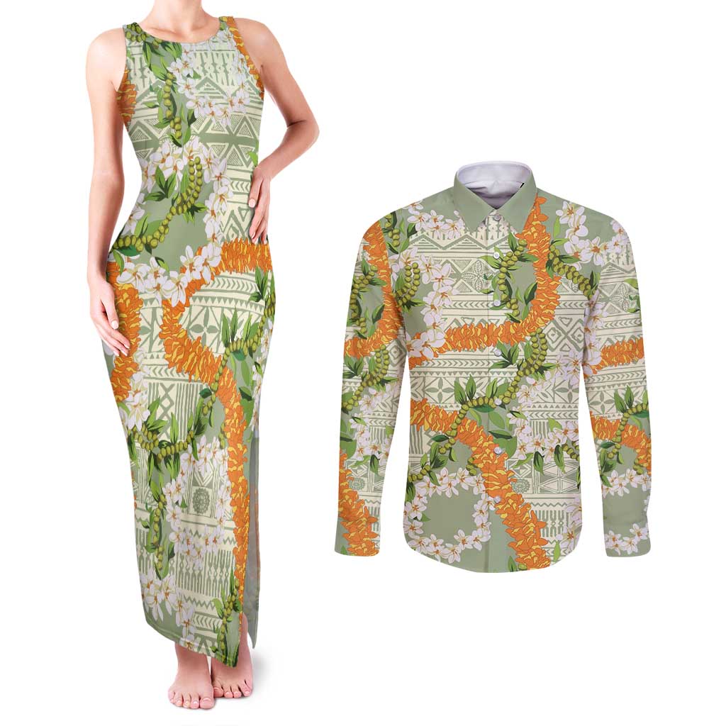 Aloha Festive Hawaii Couples Matching Tank Maxi Dress and Long Sleeve Button Shirt Mokihana - Maile Leis in Muted Summer LT7 Sage Green - Polynesian Pride