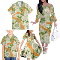 Aloha Festive Hawaii Family Matching Off The Shoulder Long Sleeve Dress and Hawaiian Shirt Mokihana - Maile Leis in Muted Summer - Polynesian Pride