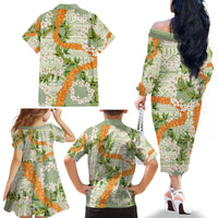 Aloha Festive Hawaii Family Matching Off The Shoulder Long Sleeve Dress and Hawaiian Shirt Mokihana - Maile Leis in Muted Summer - Polynesian Pride