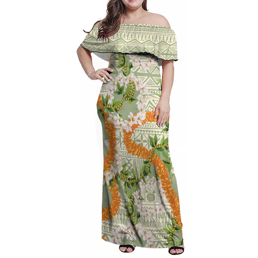 Aloha Festive Hawaii Family Matching Off Shoulder Maxi Dress and Hawaiian Shirt Mokihana - Maile Leis in Muted Summer - Polynesian Pride