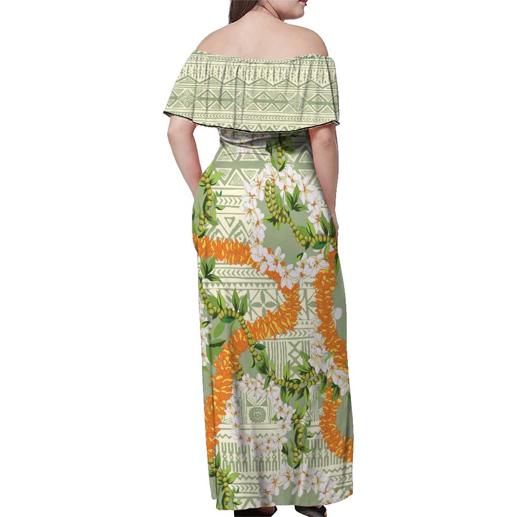 Aloha Festive Hawaii Family Matching Off Shoulder Maxi Dress and Hawaiian Shirt Mokihana - Maile Leis in Muted Summer - Polynesian Pride