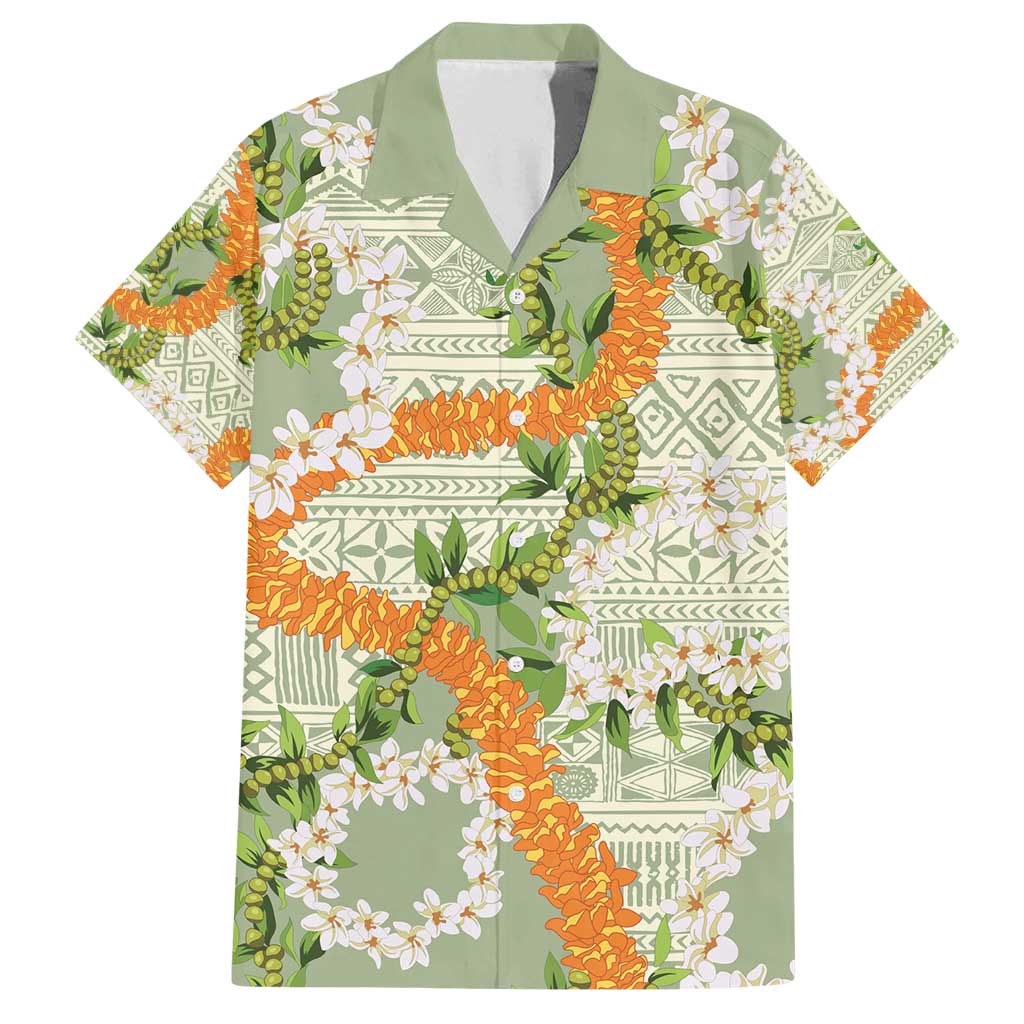 Aloha Festive Hawaii Family Matching Off Shoulder Short Dress and Hawaiian Shirt Mokihana - Maile Leis in Muted Summer LT7 Dad's Shirt - Short Sleeve Sage Green - Polynesian Pride