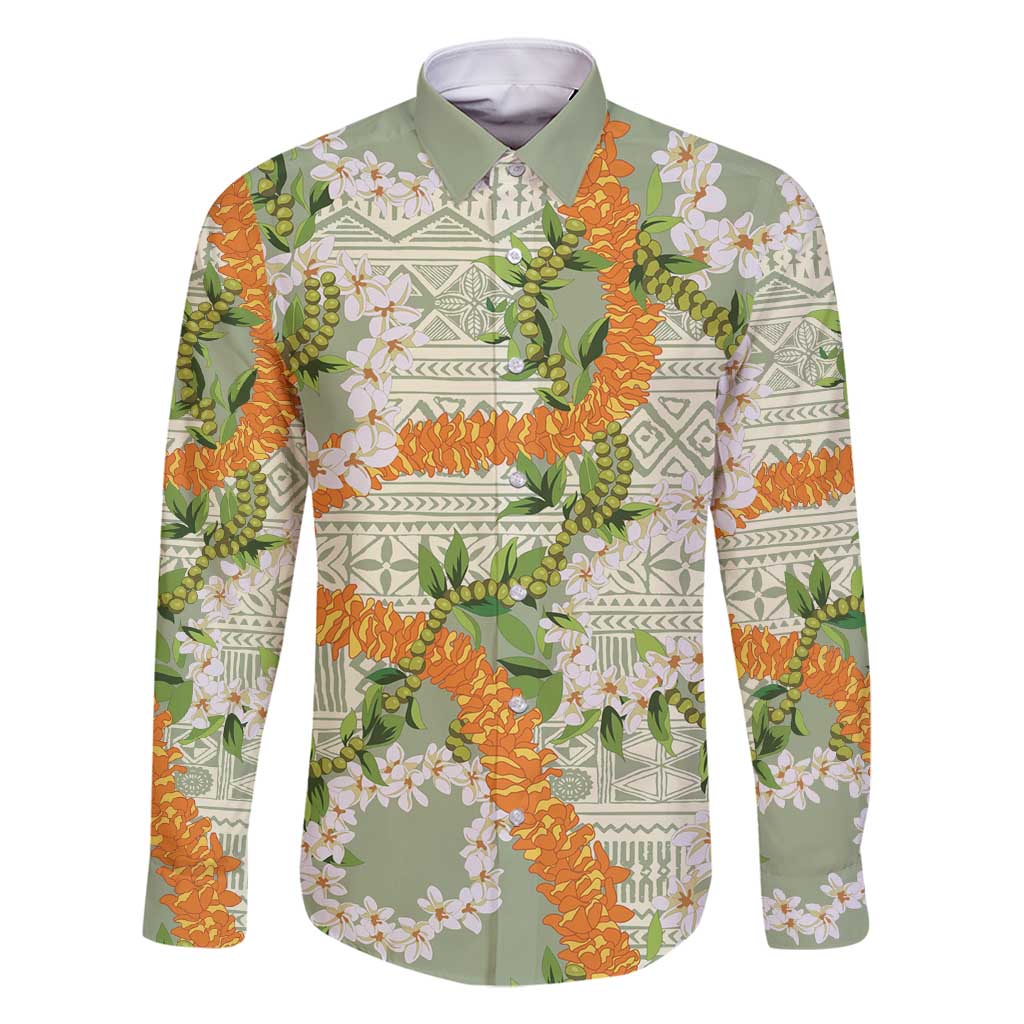 Aloha Festive Hawaii Family Matching Off Shoulder Short Dress and Hawaiian Shirt Mokihana - Maile Leis in Muted Summer LT7 Dad's Shirt - Long Sleeve Sage Green - Polynesian Pride