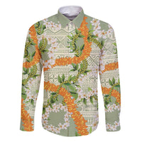 Aloha Festive Hawaii Family Matching Summer Maxi Dress and Hawaiian Shirt Mokihana - Maile Leis in Muted Summer LT7 Dad's Shirt - Long Sleeve Sage Green - Polynesian Pride