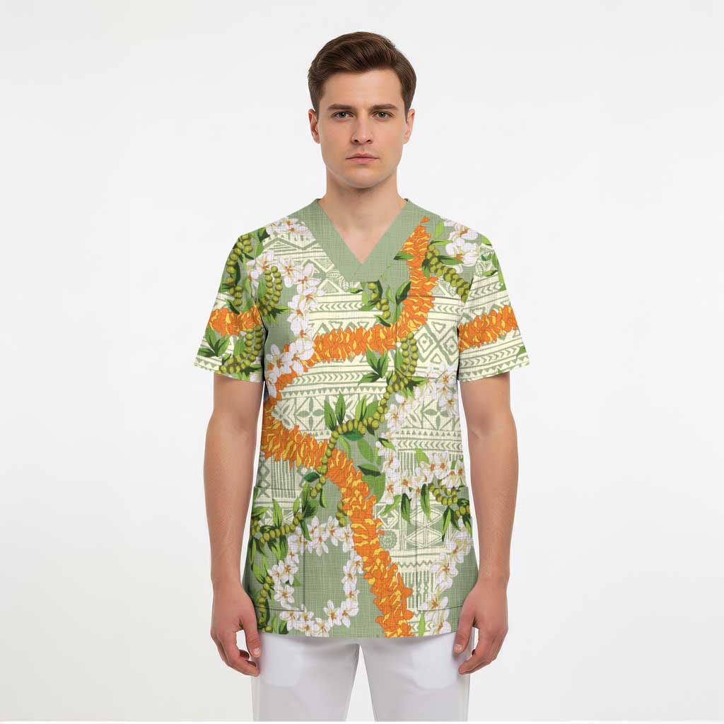 Aloha Festive Hawaii Scrub Top Mokihana - Maile Leis in Muted Summer - Polynesian Pride