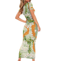 Aloha Festive Hawaii Short Sleeve Bodycon Dress Mokihana - Maile Leis in Muted Summer - Polynesian Pride