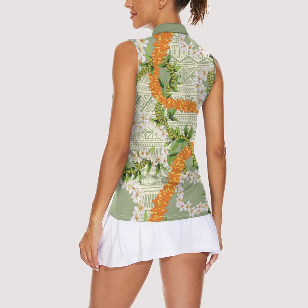 Aloha Festive Hawaii Women Sleeveless Polo Shirt Mokihana - Maile Leis in Muted Summer - Polynesian Pride