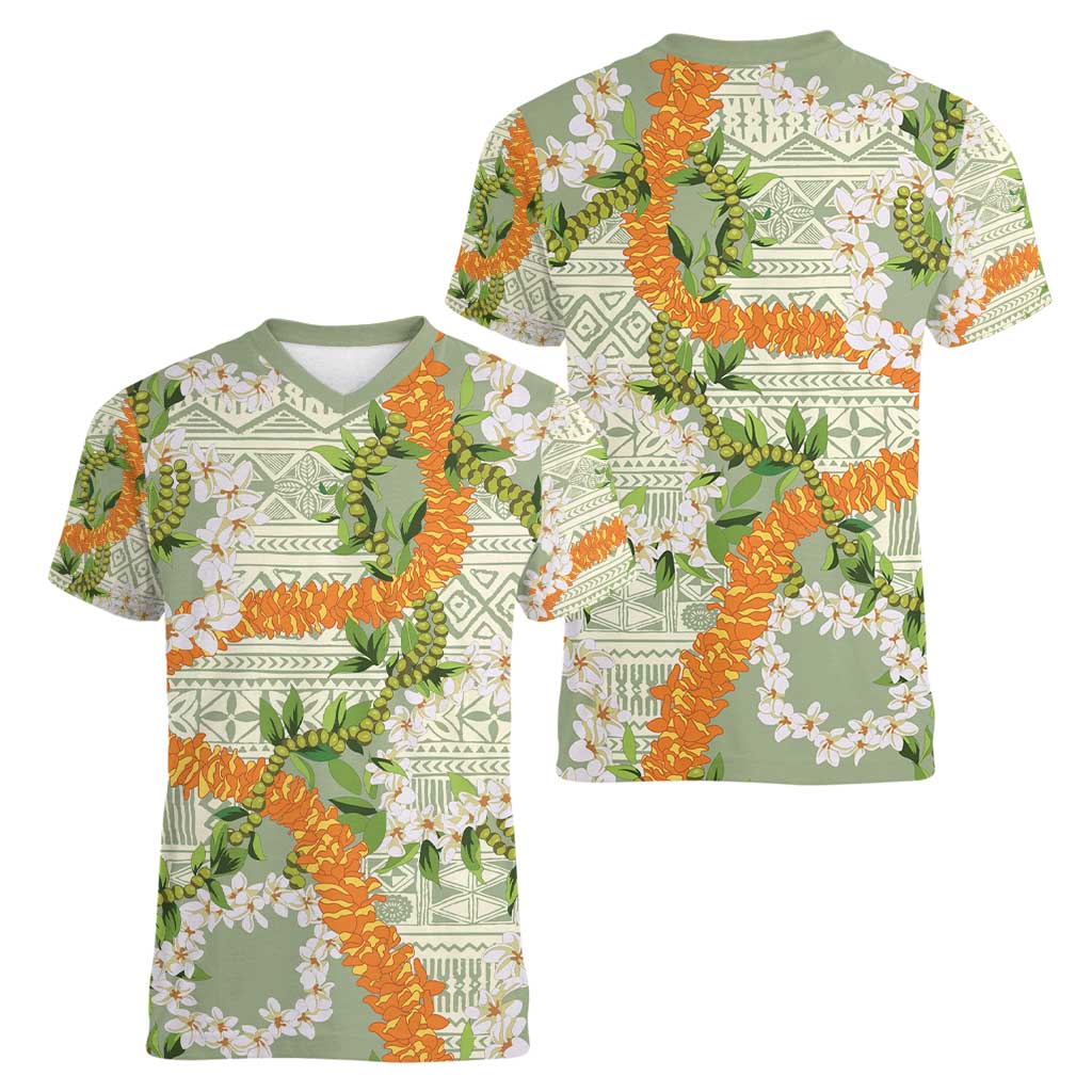 Aloha Festive Hawaii Women V-Neck T-Shirt Mokihana - Maile Leis in Muted Summer - Polynesian Pride