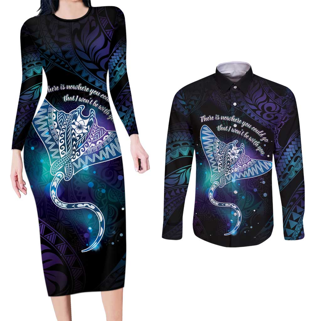 Polynesian Tala Manta Ray Couples Matching Long Sleeve Bodycon Dress and Long Sleeve Button Shirt Nowhere You Could Go That I Won't Be With You - Polynesian Pride
