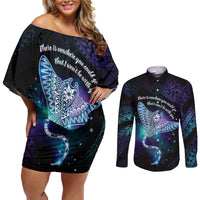 Polynesian Tala Manta Ray Couples Matching Off Shoulder Short Dress and Long Sleeve Button Shirt Nowhere You Could Go That I Won't Be With You - Polynesian Pride