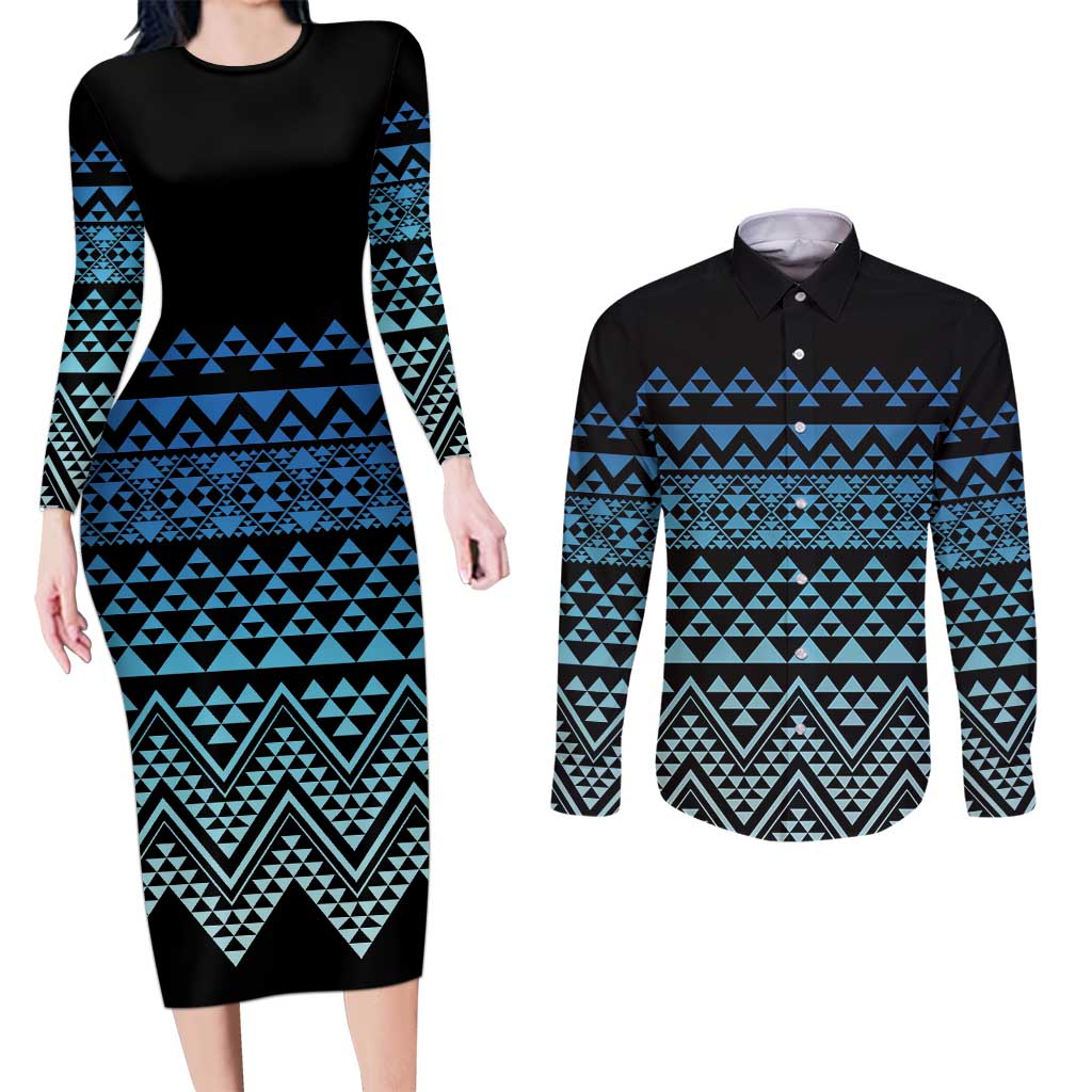 Maori Niho Taniwha Te Wheiao Couples Matching Long Sleeve Bodycon Dress and Long Sleeve Button Shirt Moana Blue LT7 Blue - Polynesian Pride