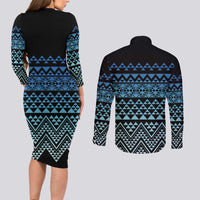 Maori Niho Taniwha Te Wheiao Couples Matching Long Sleeve Bodycon Dress and Long Sleeve Button Shirt Moana Blue - Polynesian Pride