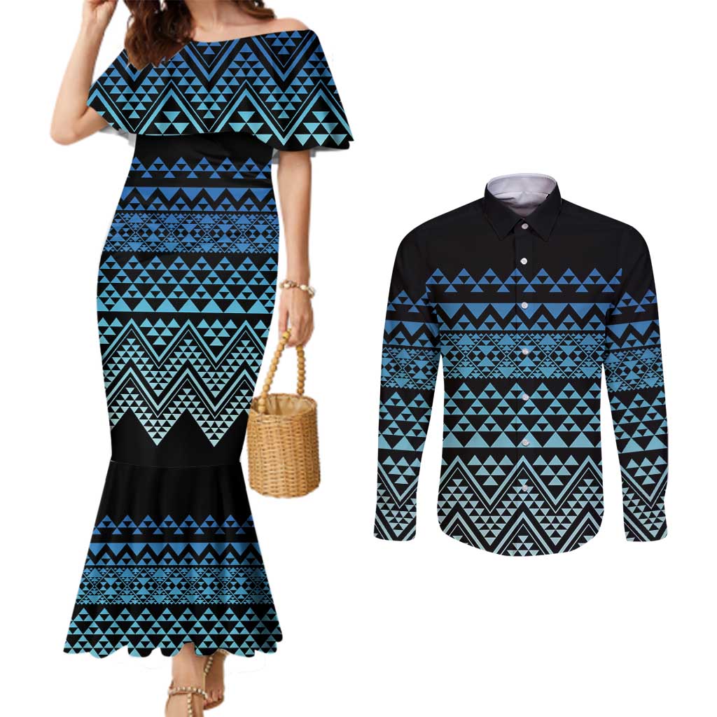 Maori Niho Taniwha Te Wheiao Couples Matching Mermaid Dress and Long Sleeve Button Shirt Moana Blue LT7 Blue - Polynesian Pride