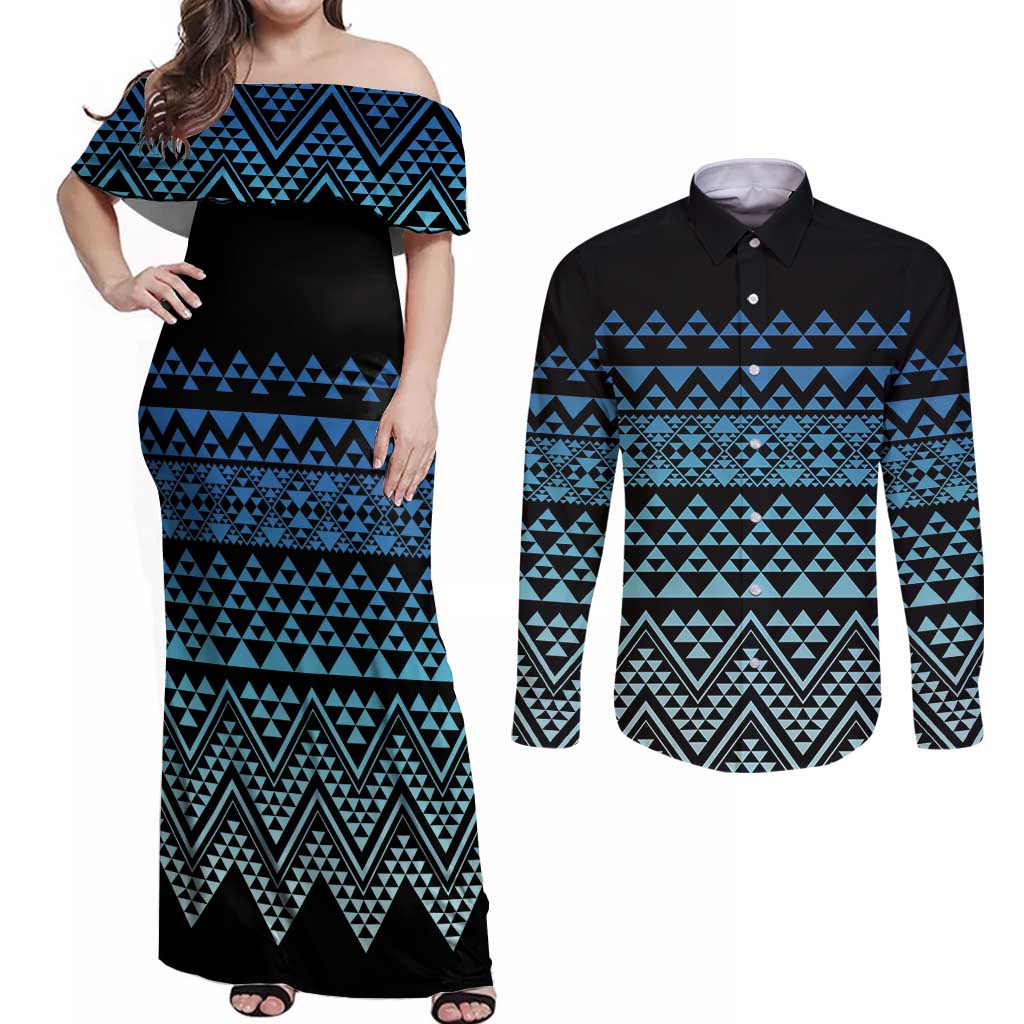 Maori Niho Taniwha Te Wheiao Couples Matching Off Shoulder Maxi Dress and Long Sleeve Button Shirt Moana Blue LT7 Blue - Polynesian Pride