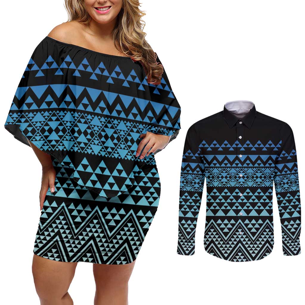 Maori Niho Taniwha Te Wheiao Couples Matching Off Shoulder Short Dress and Long Sleeve Button Shirt Moana Blue LT7 Blue - Polynesian Pride