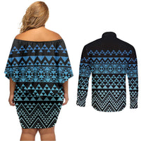 Maori Niho Taniwha Te Wheiao Couples Matching Off Shoulder Short Dress and Long Sleeve Button Shirt Moana Blue - Polynesian Pride