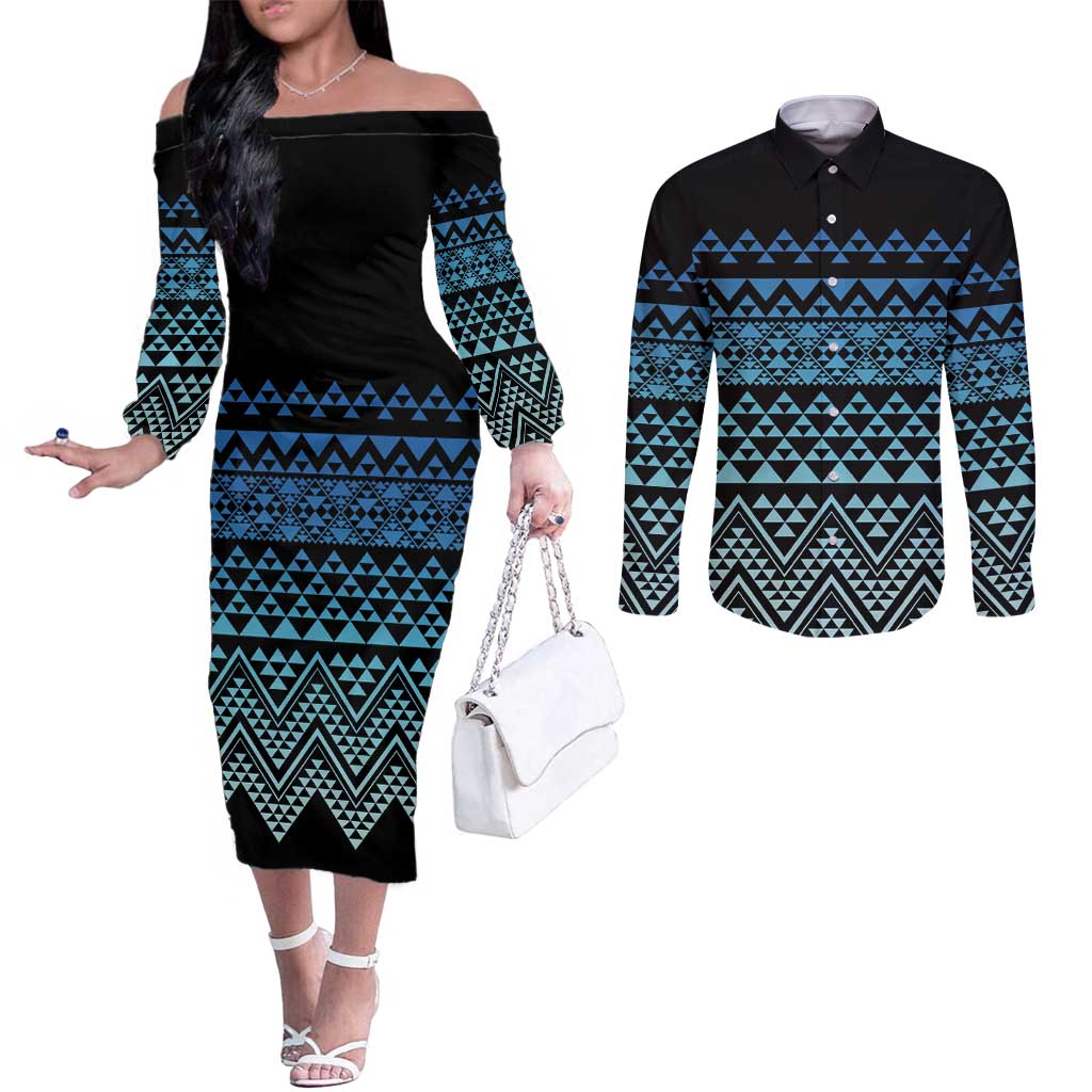 Maori Niho Taniwha Te Wheiao Couples Matching Off The Shoulder Long Sleeve Dress and Long Sleeve Button Shirt Moana Blue LT7 Blue - Polynesian Pride